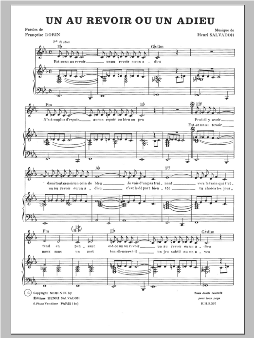 Henri Salvador Au Revoir Ou Un Adieu Sheet Music Notes & Chords for Piano & Vocal - Download or Print PDF