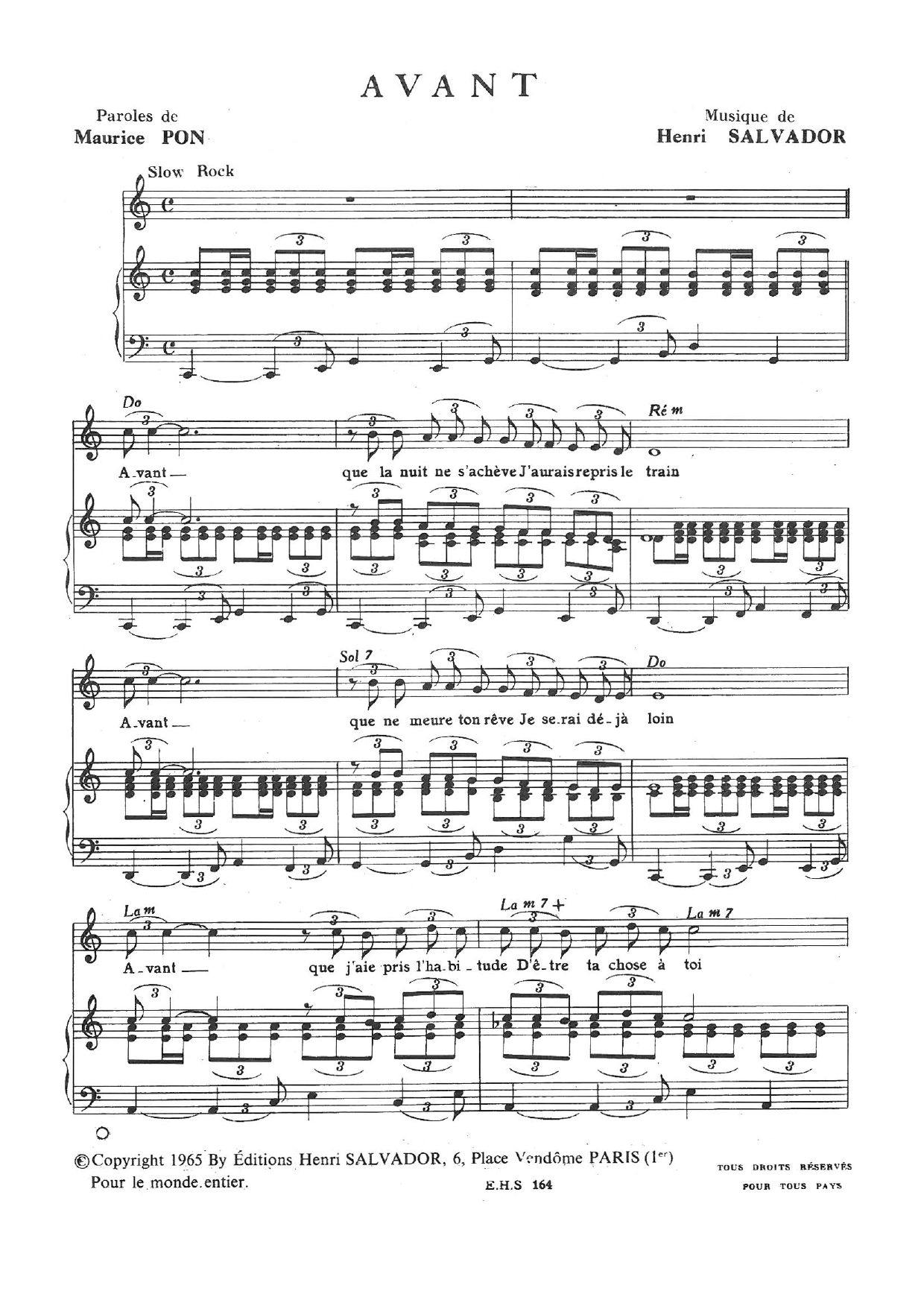 Henri Salvador Avant Sheet Music Notes & Chords for Piano & Vocal - Download or Print PDF