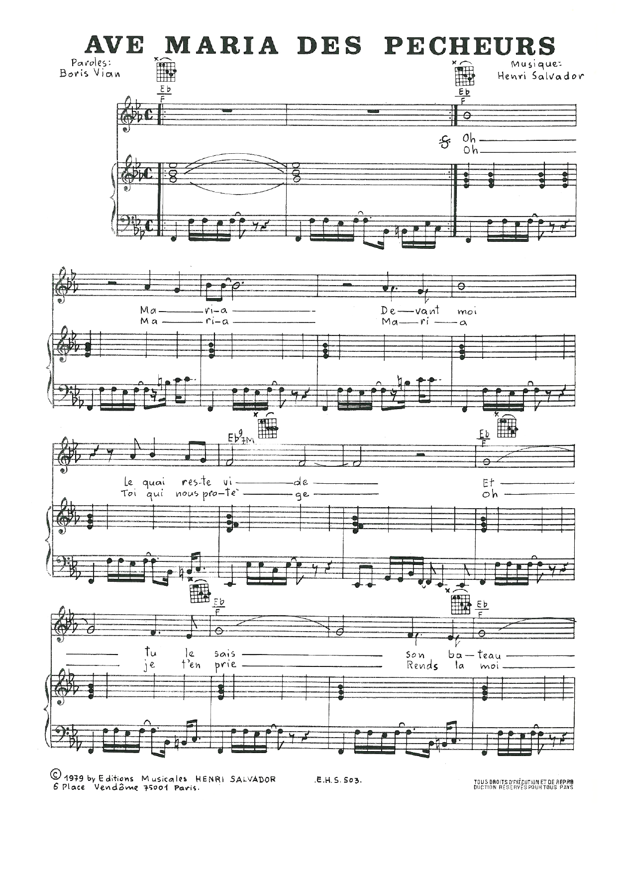 Henri Salvador Ave Maria Des Pecheurs Sheet Music Notes & Chords for Piano, Vocal & Guitar - Download or Print PDF