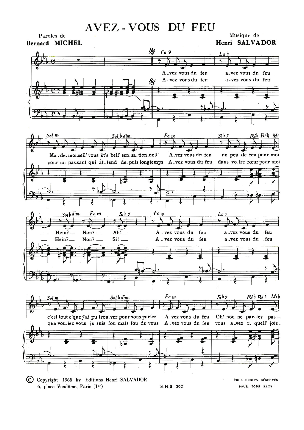 Henri Salvador Avez Vous Du Feu Sheet Music Notes & Chords for Piano & Vocal - Download or Print PDF