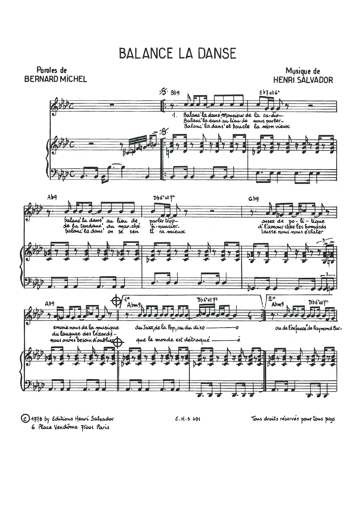Henri Salvador Balance La Danse Sheet Music Notes & Chords for Piano & Vocal - Download or Print PDF