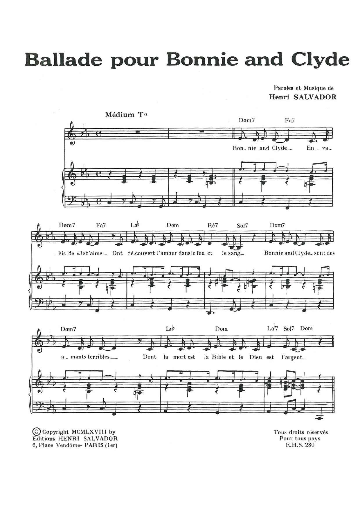 Henri Salvador Ballade Pour Bonnie And Clyde Sheet Music Notes & Chords for Piano & Vocal - Download or Print PDF
