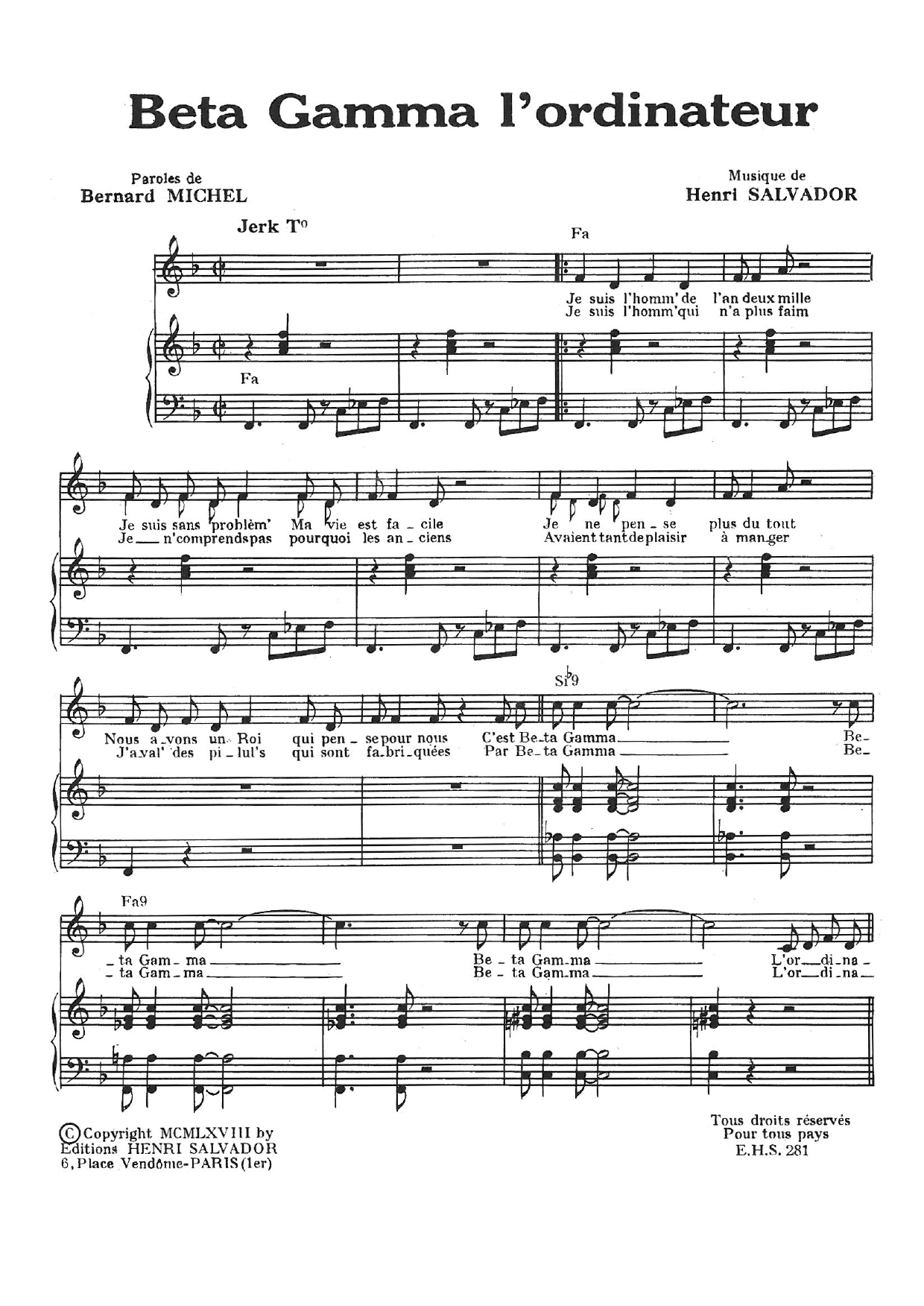 Henri Salvador Beta Gamma L'Ordinateur Sheet Music Notes & Chords for Piano & Vocal - Download or Print PDF