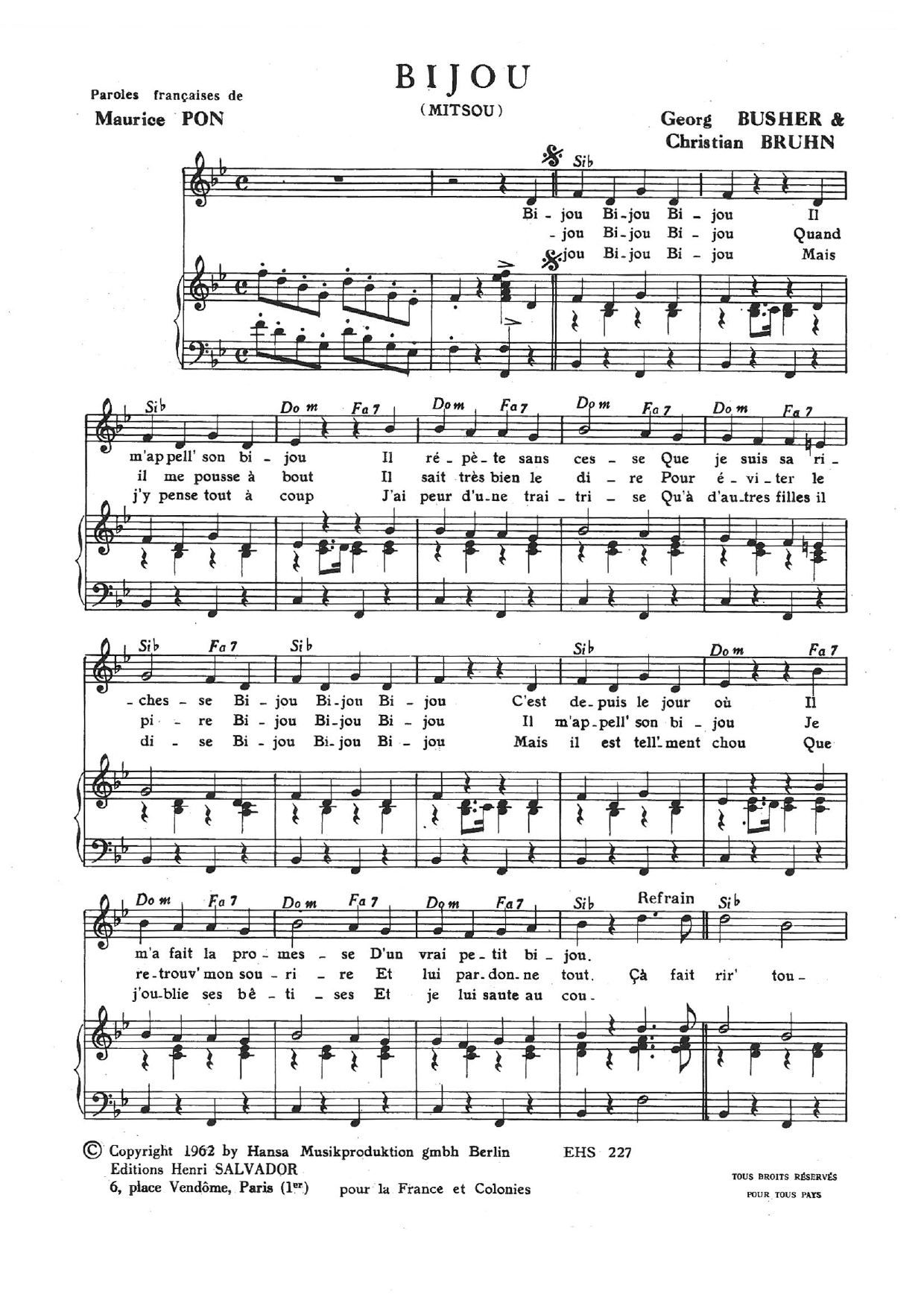 Henri Salvador Bijou Sheet Music Notes & Chords for Piano & Vocal - Download or Print PDF