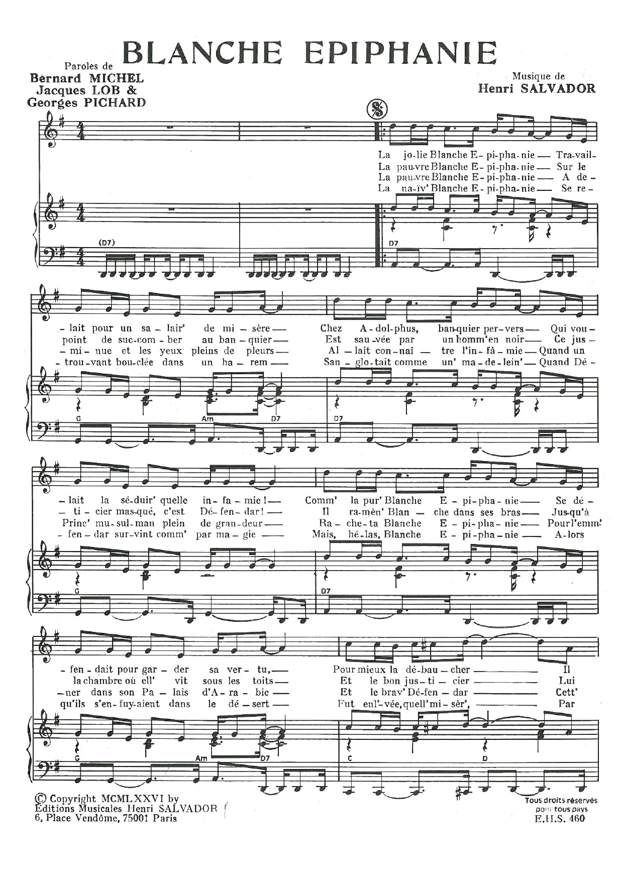 Henri Salvador Blanche Epiphanie Sheet Music Notes & Chords for Piano & Vocal - Download or Print PDF
