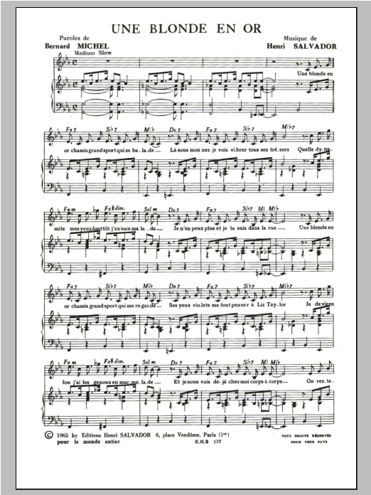 Henri Salvador Blonde En Or Sheet Music Notes & Chords for Piano & Vocal - Download or Print PDF