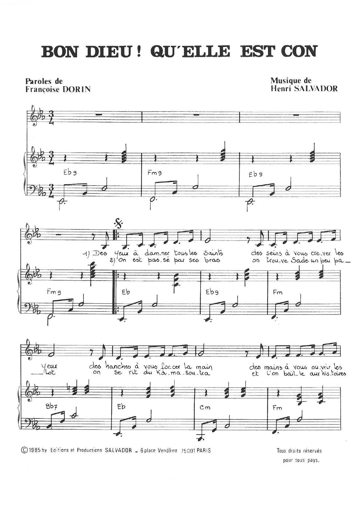 Henri Salvador Bon Dieu! Qu'elle Est Con Sheet Music Notes & Chords for Piano & Vocal - Download or Print PDF