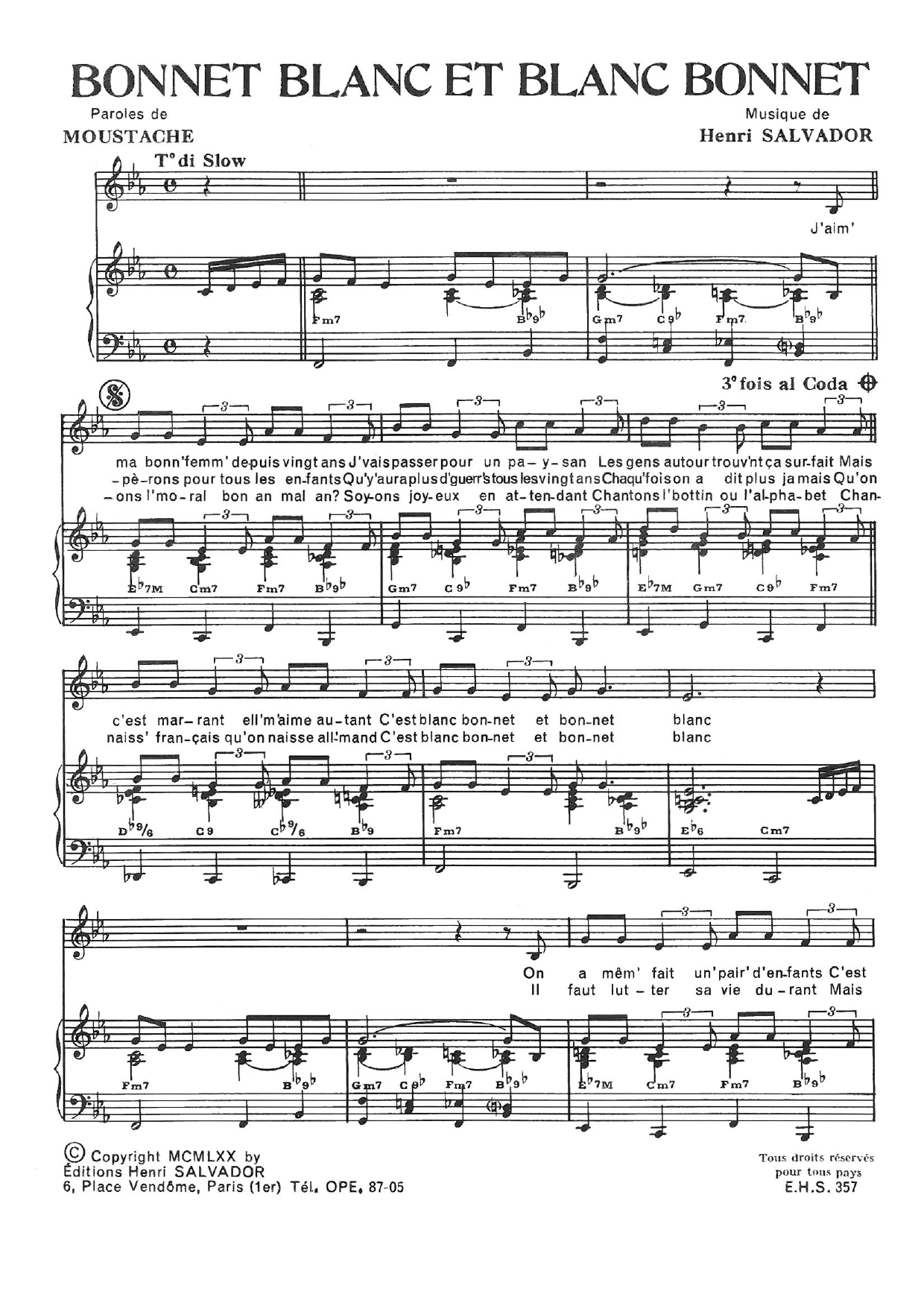 Henri Salvador Bonnet Blanc Et Blanc Bonnet Sheet Music Notes & Chords for Piano & Vocal - Download or Print PDF