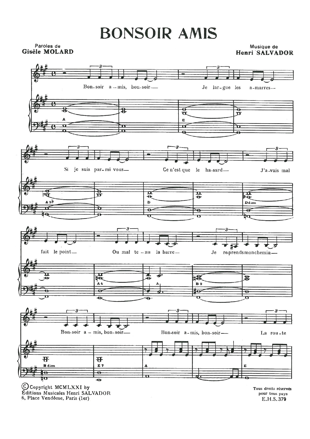 Henri Salvador Bonsoir Amis Sheet Music Notes & Chords for Piano & Vocal - Download or Print PDF