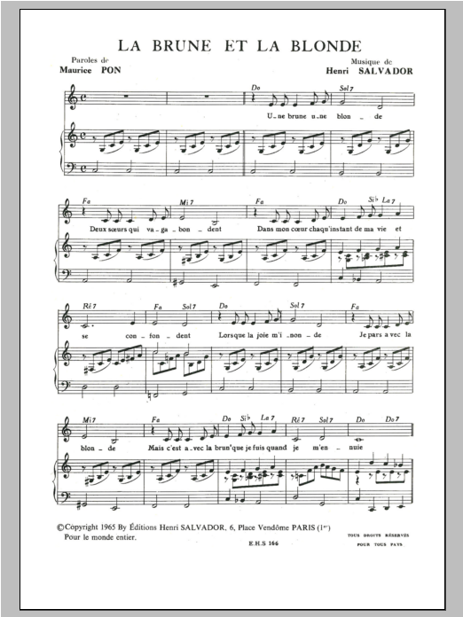 Henri Salvador Brune Et La Blonde Sheet Music Notes & Chords for Piano & Vocal - Download or Print PDF