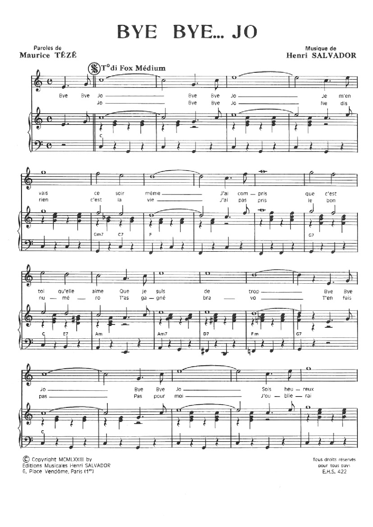Henri Salvador Bye Bye Joe Sheet Music Notes & Chords for Piano & Vocal - Download or Print PDF