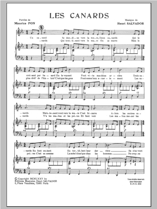 Henri Salvador Canards Sheet Music Notes & Chords for Piano & Vocal - Download or Print PDF