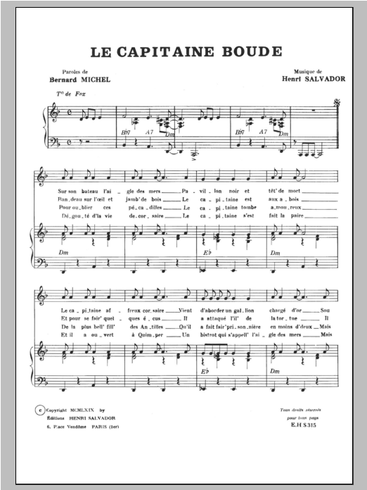 Henri Salvador Capitaine Boude Sheet Music Notes & Chords for Piano & Vocal - Download or Print PDF