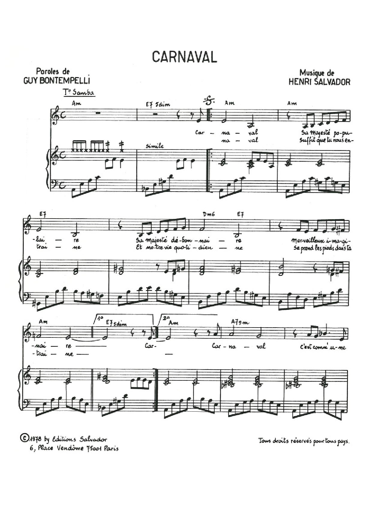 Henri Salvador Carnaval Sheet Music Notes & Chords for Piano & Vocal - Download or Print PDF