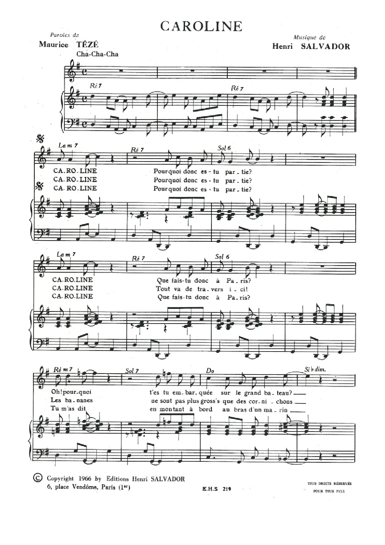 Henri Salvador Caroline Sheet Music Notes & Chords for Piano & Vocal - Download or Print PDF