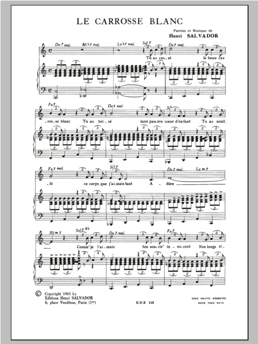 Henri Salvador Carrosse Blanc Sheet Music Notes & Chords for Piano & Vocal - Download or Print PDF