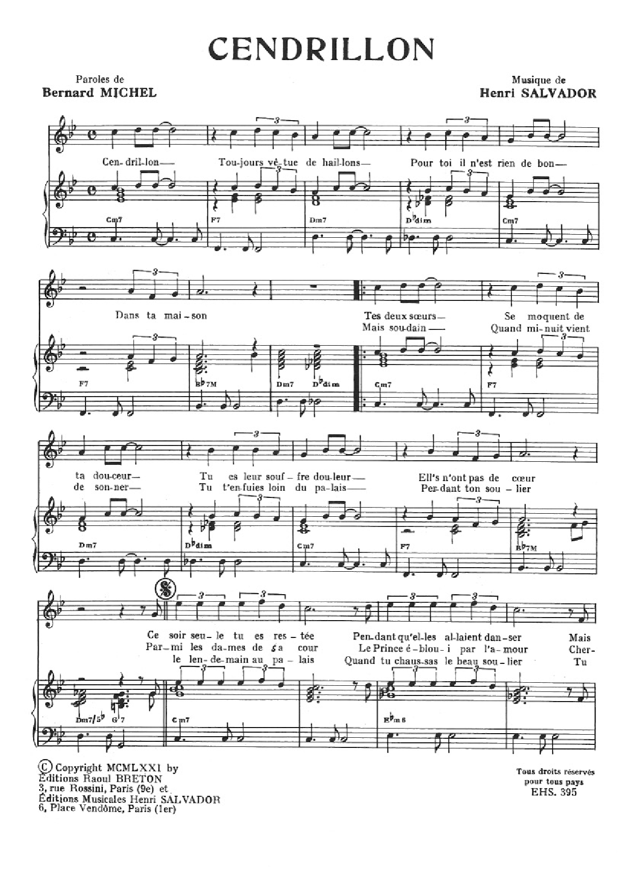 Henri Salvador Cendrillon Sheet Music Notes & Chords for Piano & Vocal - Download or Print PDF