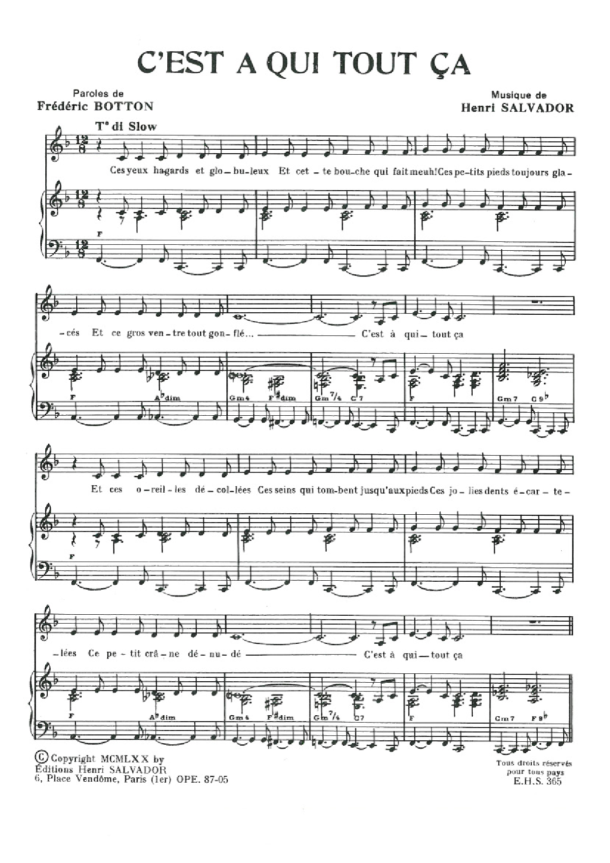 Henri Salvador C'est A Qui Tout Ca Sheet Music Notes & Chords for Piano & Vocal - Download or Print PDF