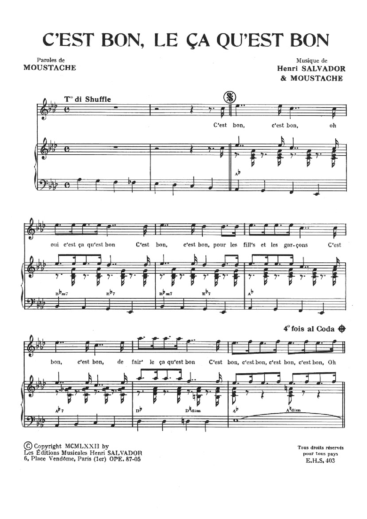 Henri Salvador C'est Bon, Le Ca Qu'est Bon Sheet Music Notes & Chords for Piano & Vocal - Download or Print PDF