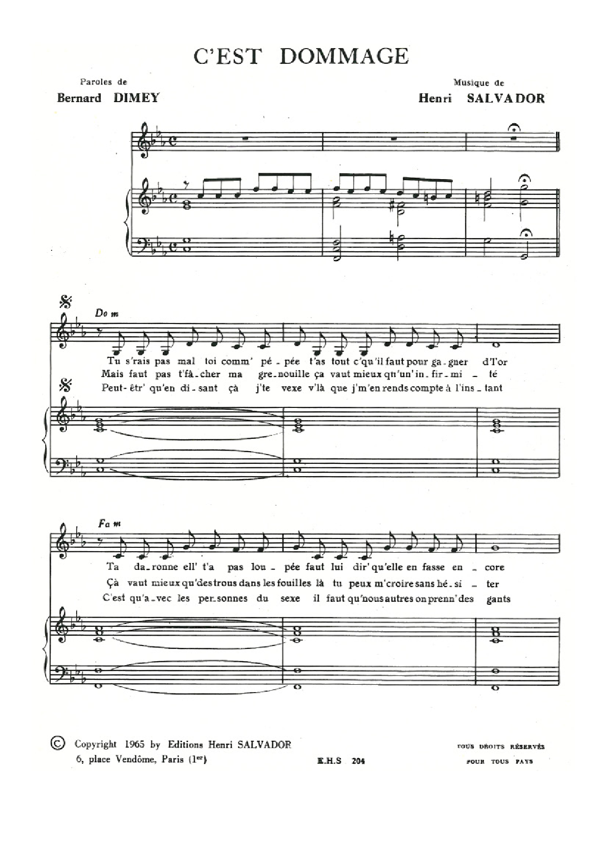 Henri Salvador C'est Dommage Sheet Music Notes & Chords for Piano & Vocal - Download or Print PDF
