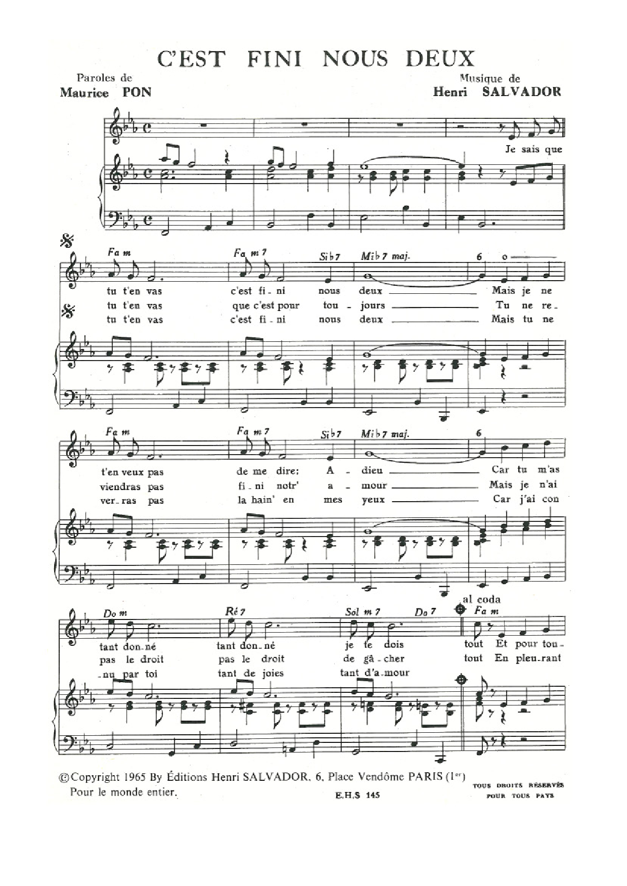 Henri Salvador C'est Fini (Pour) Nous Deux Sheet Music Notes & Chords for Piano & Vocal - Download or Print PDF