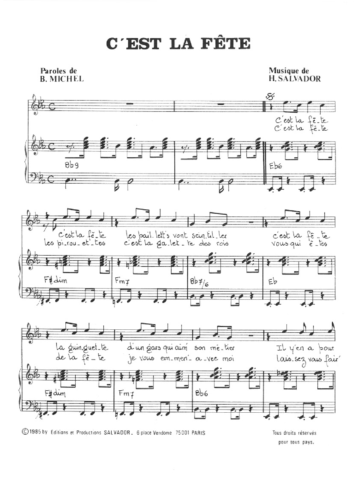 Henri Salvador C'est La Fete Sheet Music Notes & Chords for Piano & Vocal - Download or Print PDF