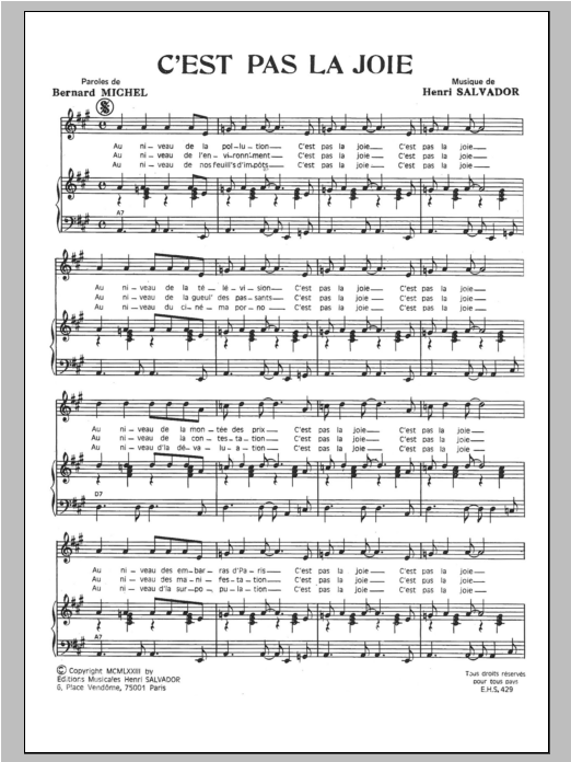 Henri Salvador C'est Pas La Joie Sheet Music Notes & Chords for Piano & Vocal - Download or Print PDF
