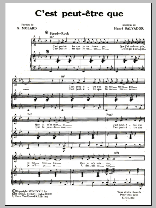 Henri Salvador C'est Peut-Etre Que Sheet Music Notes & Chords for Piano & Vocal - Download or Print PDF