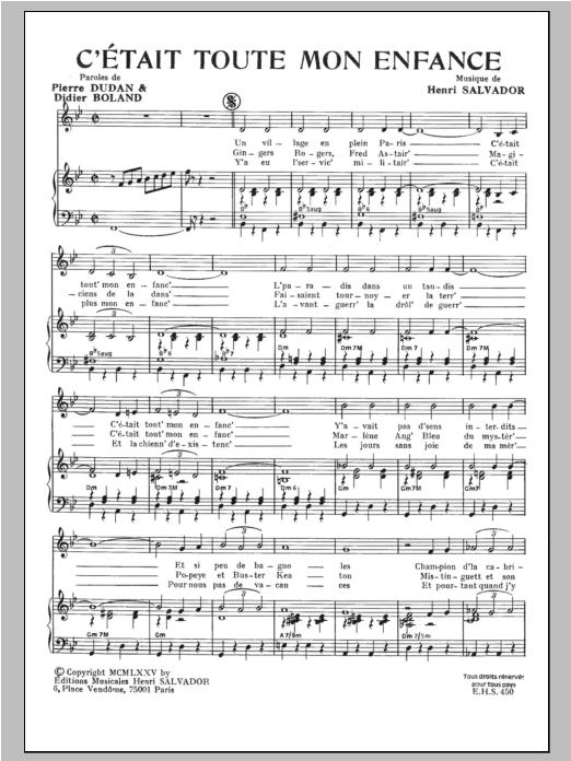 Henri Salvador C'etait Toute Mon Enfance Sheet Music Notes & Chords for Piano & Vocal - Download or Print PDF