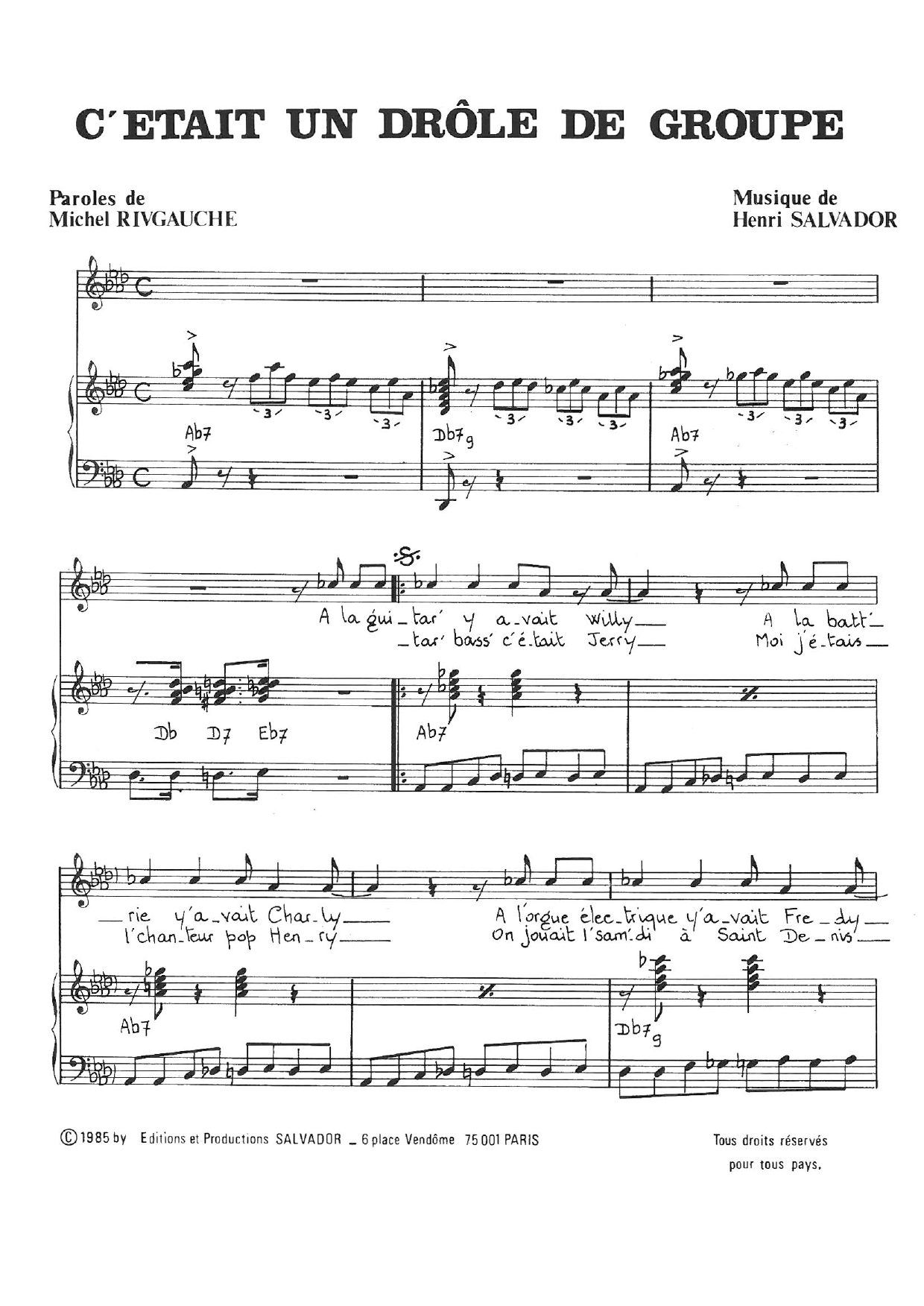 Henri Salvador C'etait Un Drole De Groupe Sheet Music Notes & Chords for Piano & Vocal - Download or Print PDF