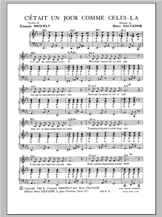 Henri Salvador C'etait Un Jour Comme Celui La Sheet Music Notes & Chords for Piano & Vocal - Download or Print PDF