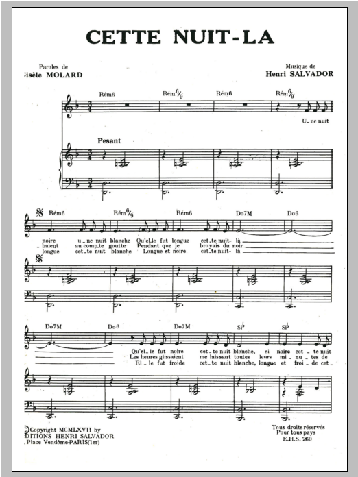 Henri Salvador Cette Nuit La Sheet Music Notes & Chords for Piano & Vocal - Download or Print PDF