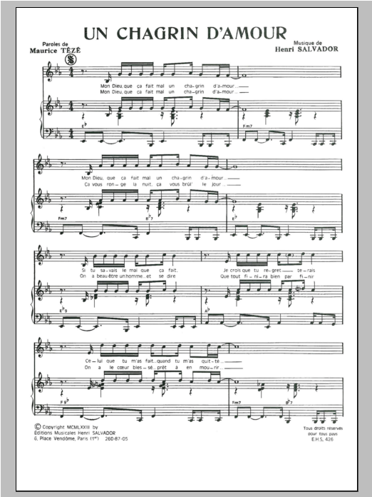 Henri Salvador Chagrin D'amour Sheet Music Notes & Chords for Piano & Vocal - Download or Print PDF