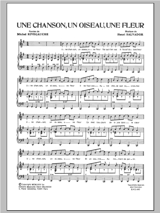 Henri Salvador Chanson Un Oiseau Une Fleur Sheet Music Notes & Chords for Piano & Vocal - Download or Print PDF