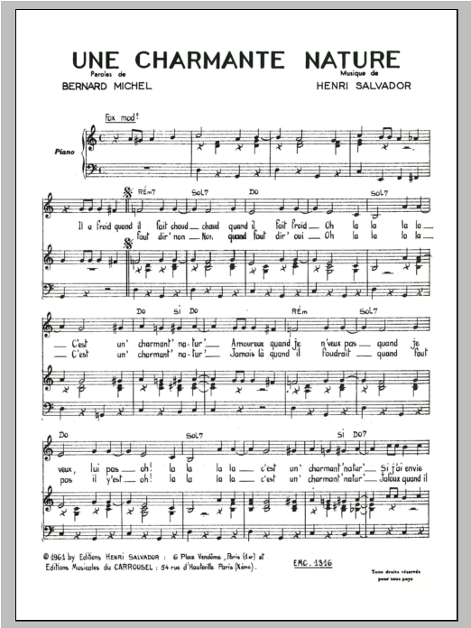 Henri Salvador Charmante Nature Sheet Music Notes & Chords for Piano & Vocal - Download or Print PDF
