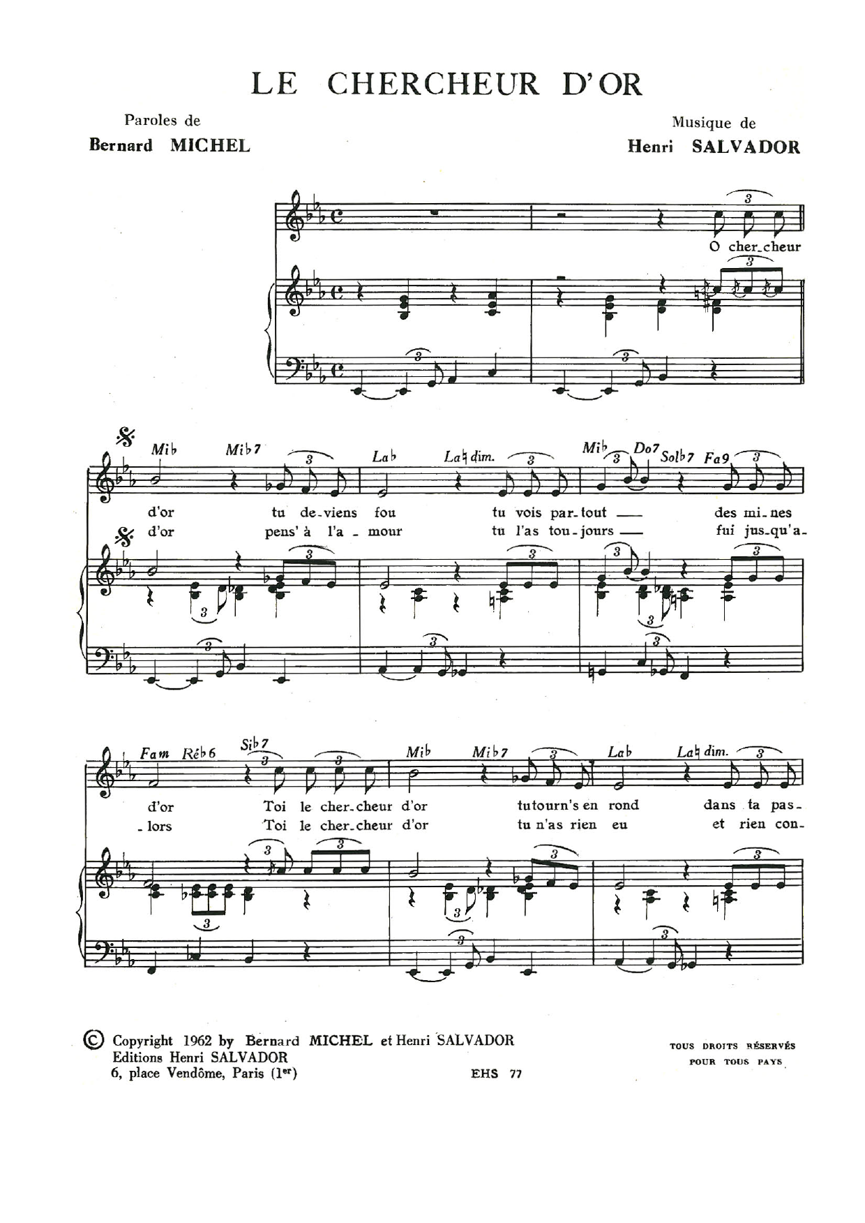 Henri Salvador Chercheur D'or Sheet Music Notes & Chords for Piano & Vocal - Download or Print PDF