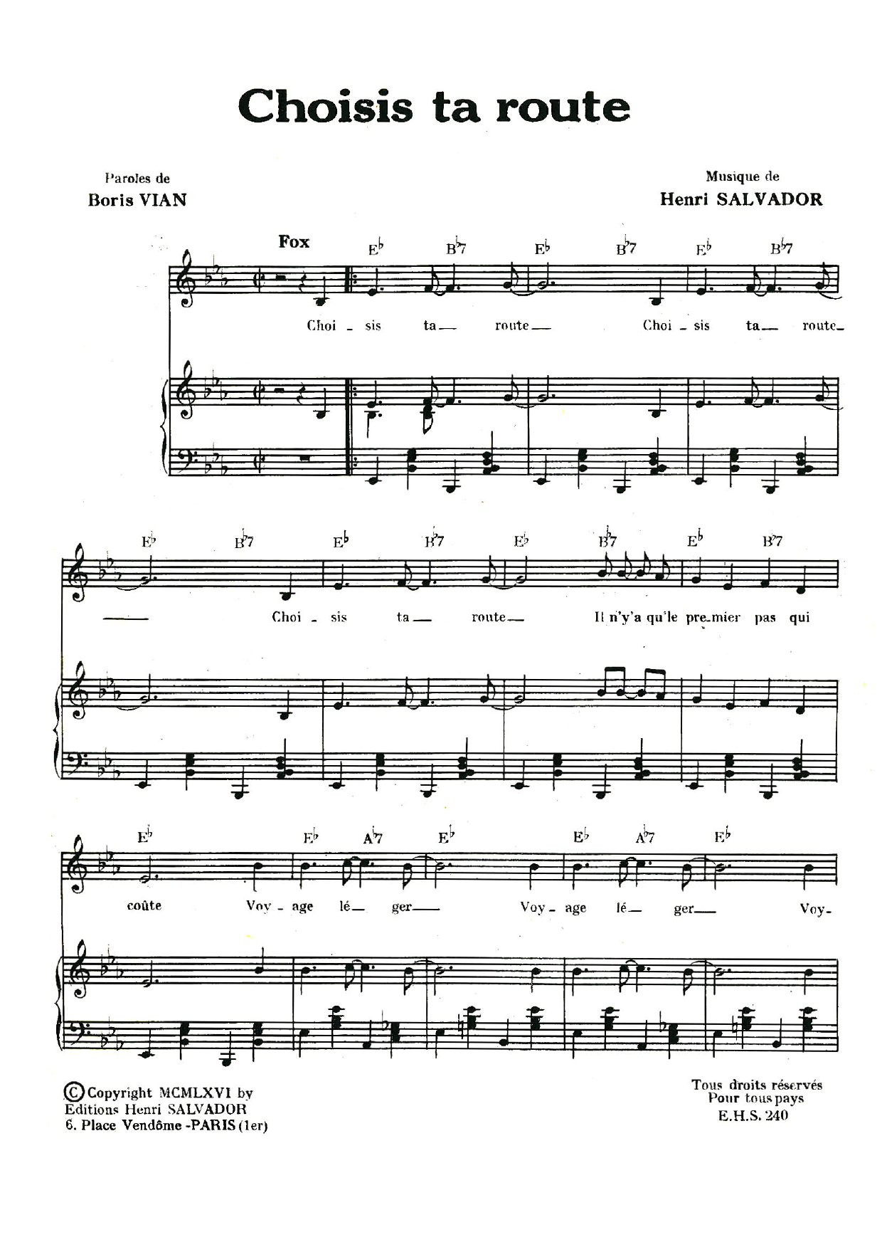 Henri Salvador Choisis Ta Route Sheet Music Notes & Chords for Piano & Vocal - Download or Print PDF