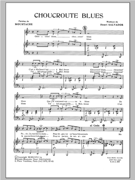 Henri Salvador Choucroute Blues Sheet Music Notes & Chords for Piano & Vocal - Download or Print PDF