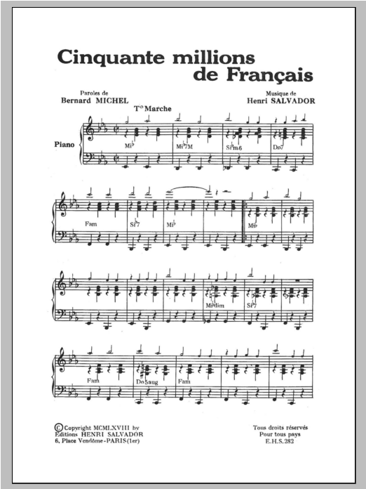 Henri Salvador Cinquante Millions De Francais Sheet Music Notes & Chords for Piano & Vocal - Download or Print PDF