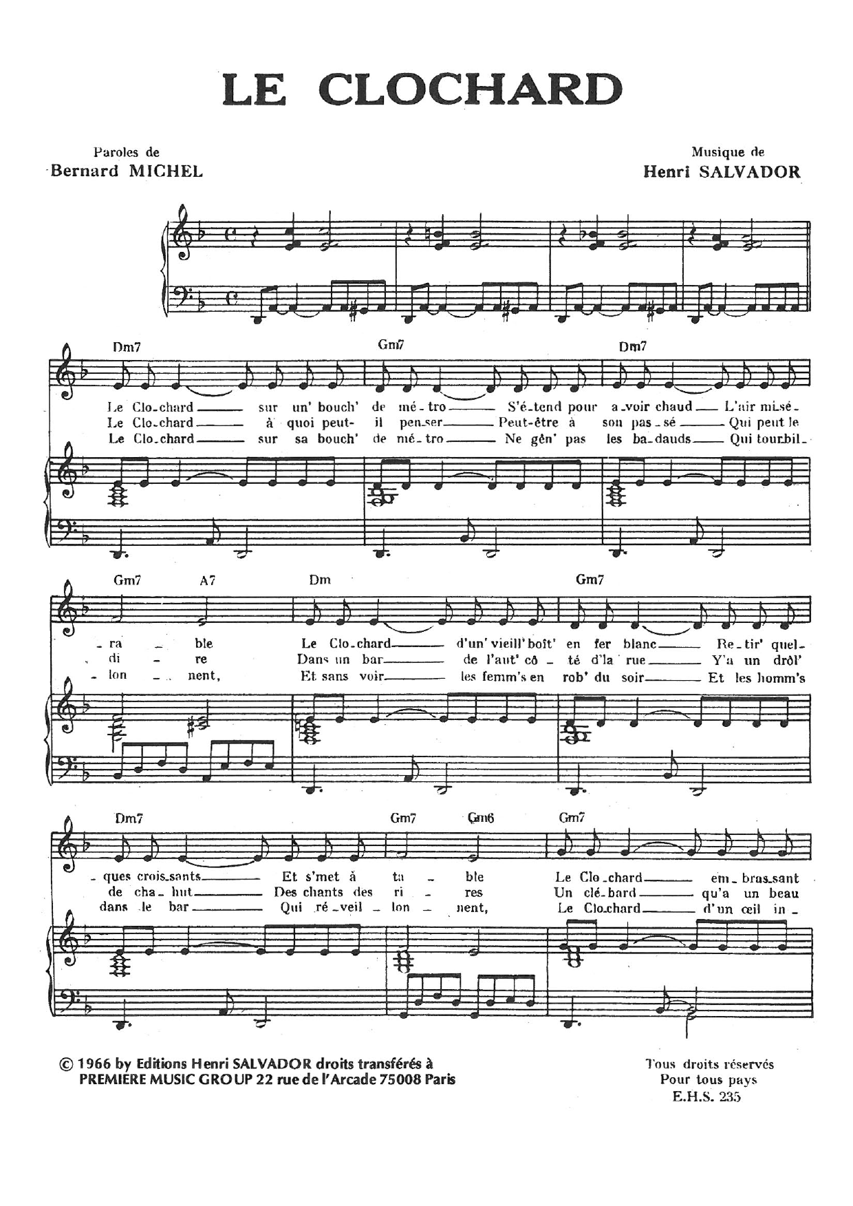 Henri Salvador Clochard Sheet Music Notes & Chords for Piano & Vocal - Download or Print PDF