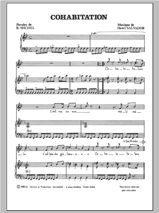 Henri Salvador Cohabitation Sheet Music Notes & Chords for Piano & Vocal - Download or Print PDF