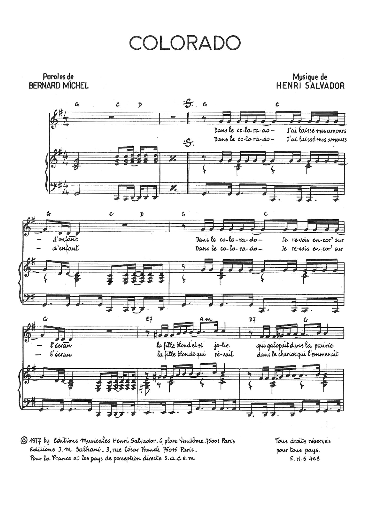 Henri Salvador Colorado Sheet Music Notes & Chords for Piano & Vocal - Download or Print PDF Henri Salvador Colorado Sheet Music Notes & Chords for Piano & Vocal - Download or Print PDF