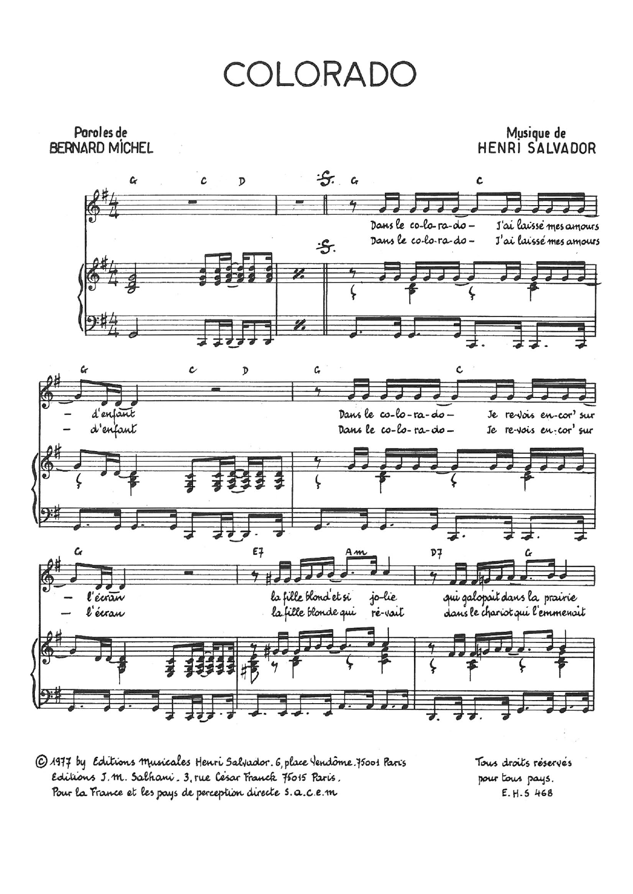 Henri Salvador Colorado Sheet Music Notes & Chords for Piano & Vocal - Download or Print PDF