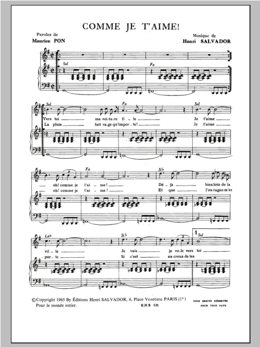 Henri Salvador Comme Je T'aime Sheet Music Notes & Chords for Piano & Vocal - Download or Print PDF