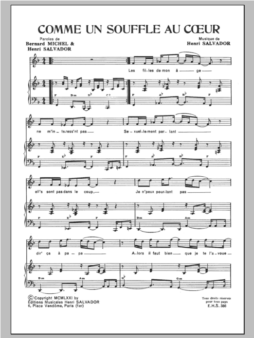 Henri Salvador Comme Un Souffle Au Coeur Sheet Music Notes & Chords for Piano & Vocal - Download or Print PDF
