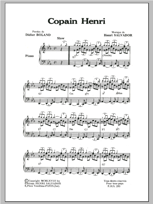 Henri Salvador Copain Henry Sheet Music Notes & Chords for Piano & Vocal - Download or Print PDF