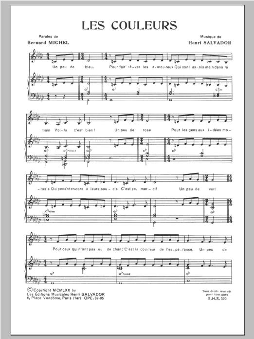 Henri Salvador Couleurs Sheet Music Notes & Chords for Piano & Vocal - Download or Print PDF