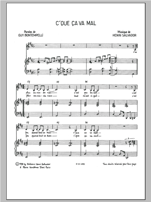 Henri Salvador C'que Ca Va Mal Sheet Music Notes & Chords for Piano & Vocal - Download or Print PDF