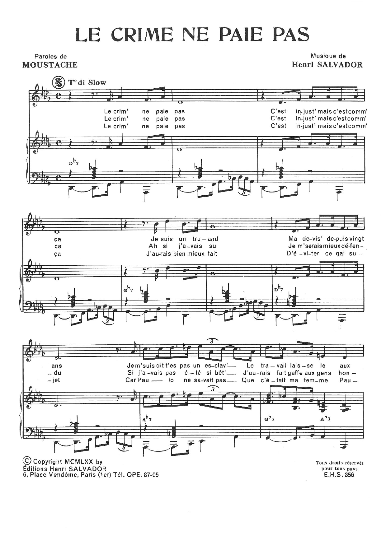 Henri Salvador Crime Ne Paie Pas Sheet Music Notes & Chords for Piano & Vocal - Download or Print PDF
