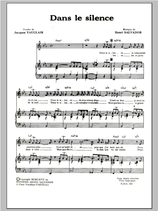 Henri Salvador Dans Le Silence Sheet Music Notes & Chords for Piano & Vocal - Download or Print PDF